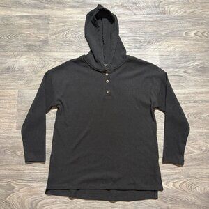 Old Navy XS Black Ribbed Rib Knit Hoodie Tunic Henley Long Sleeve Split Hem